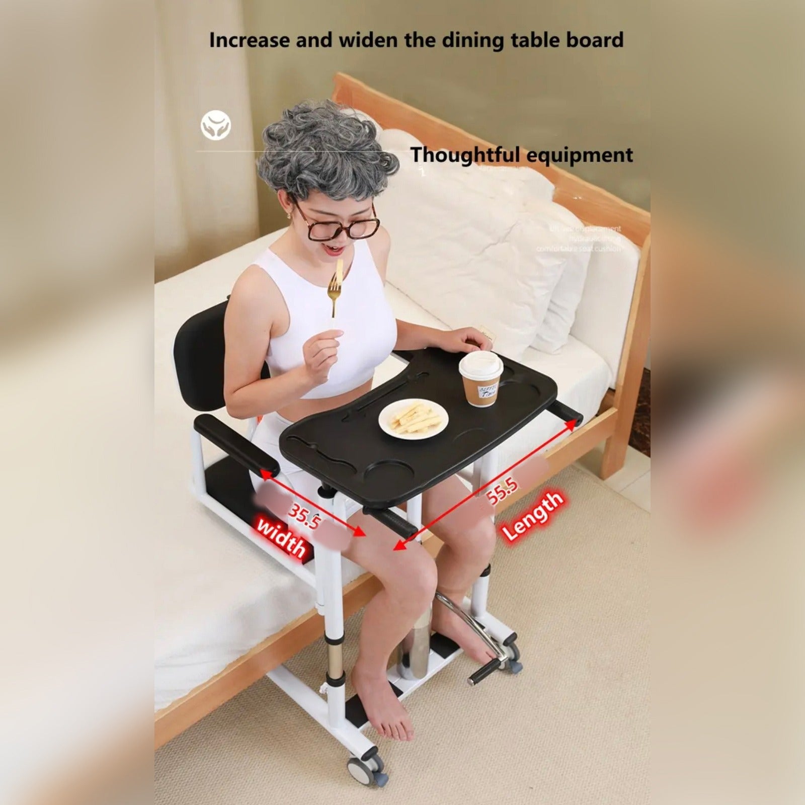 A Person is Having Food by Sitting on a Adjustable Patient Lift Transfer Chair