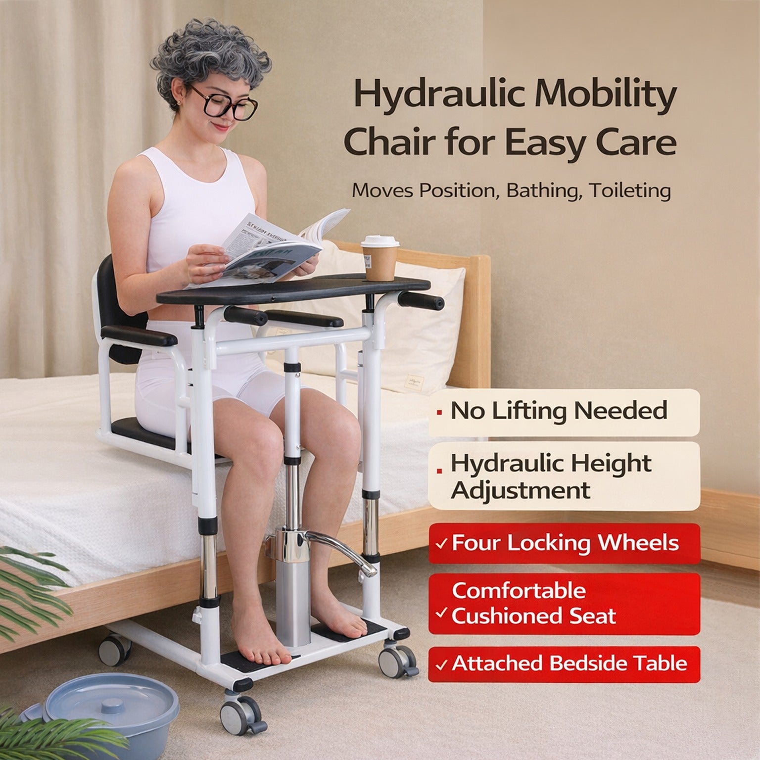 A Person is Sitting and Reading on a Adjustable Patient Lift Transfer Chair.