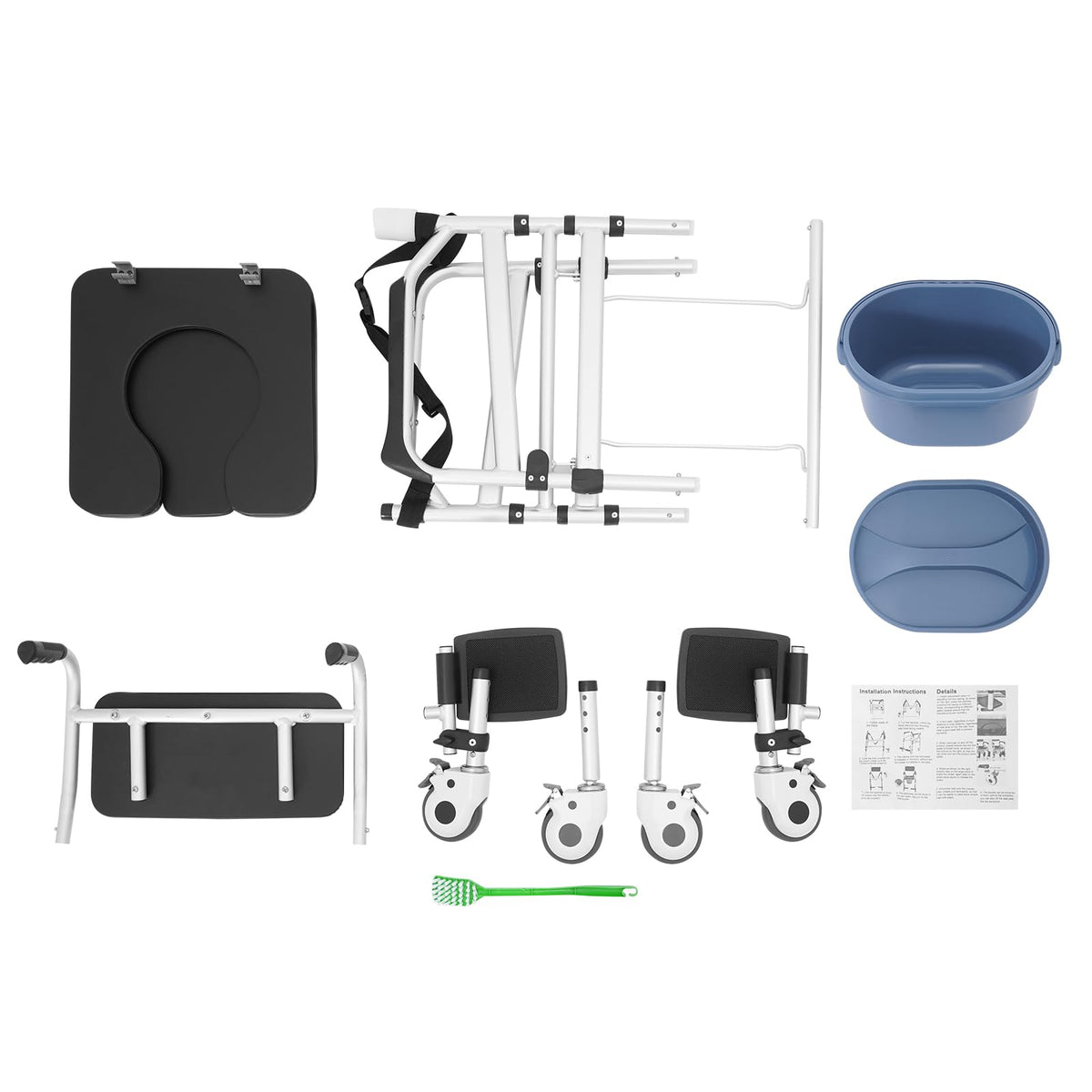 Full Accessories of Adjustable Shower Commode Chair Without Assembly.