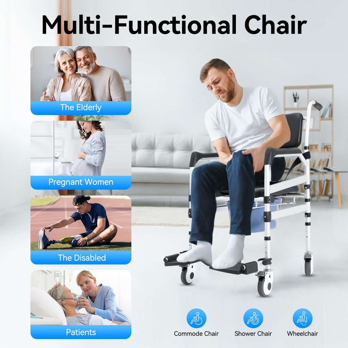 A Disabled Person is Using Adjustable Shower Commode Chair with Wheels.