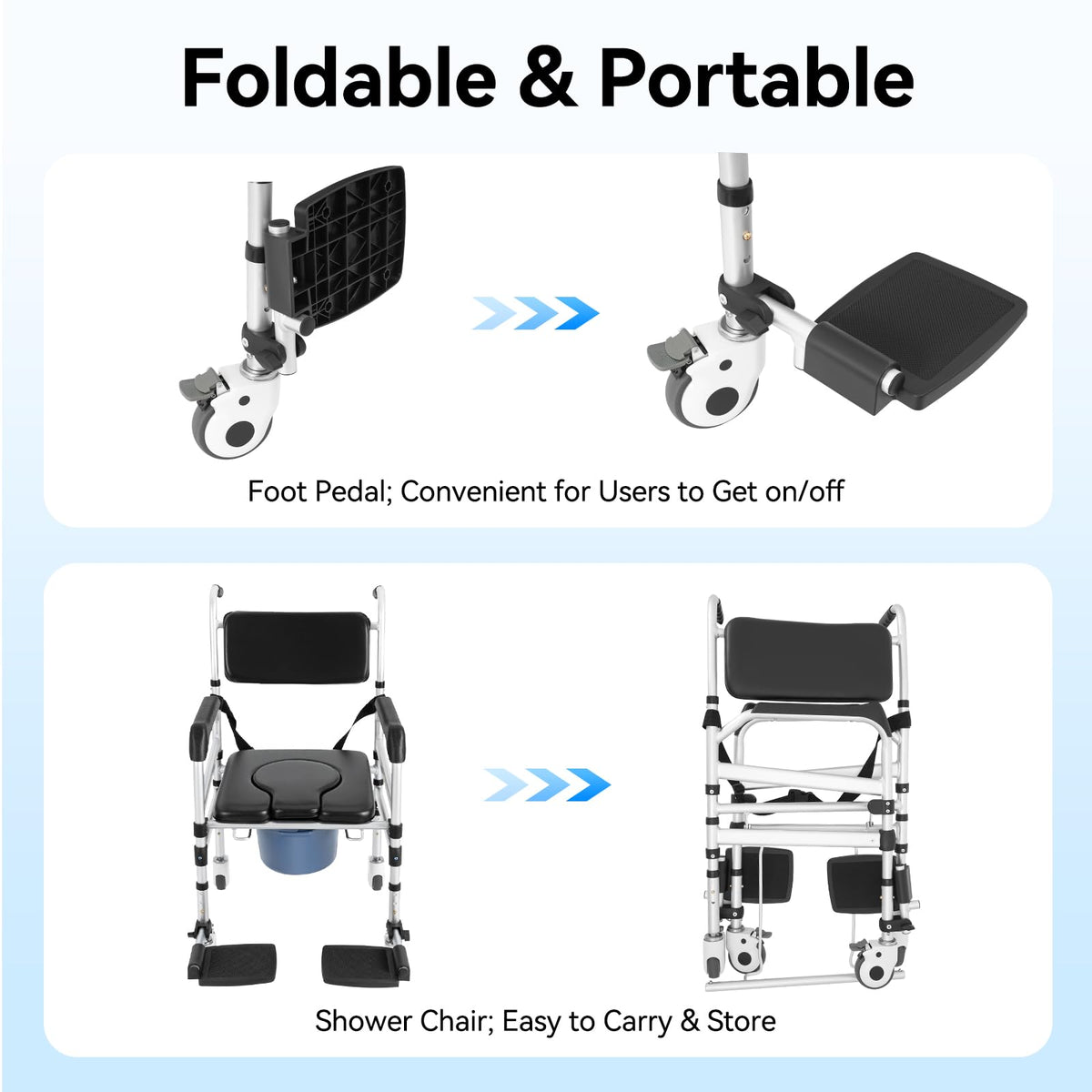 Folding of Adjustable Shower Commode Chair.