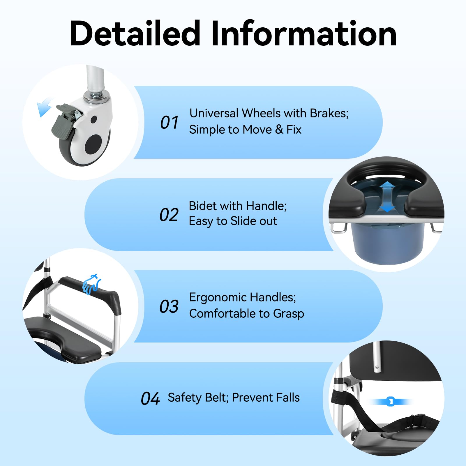 Detailed Parts Information of Adjustable Shower Commode Chair.
