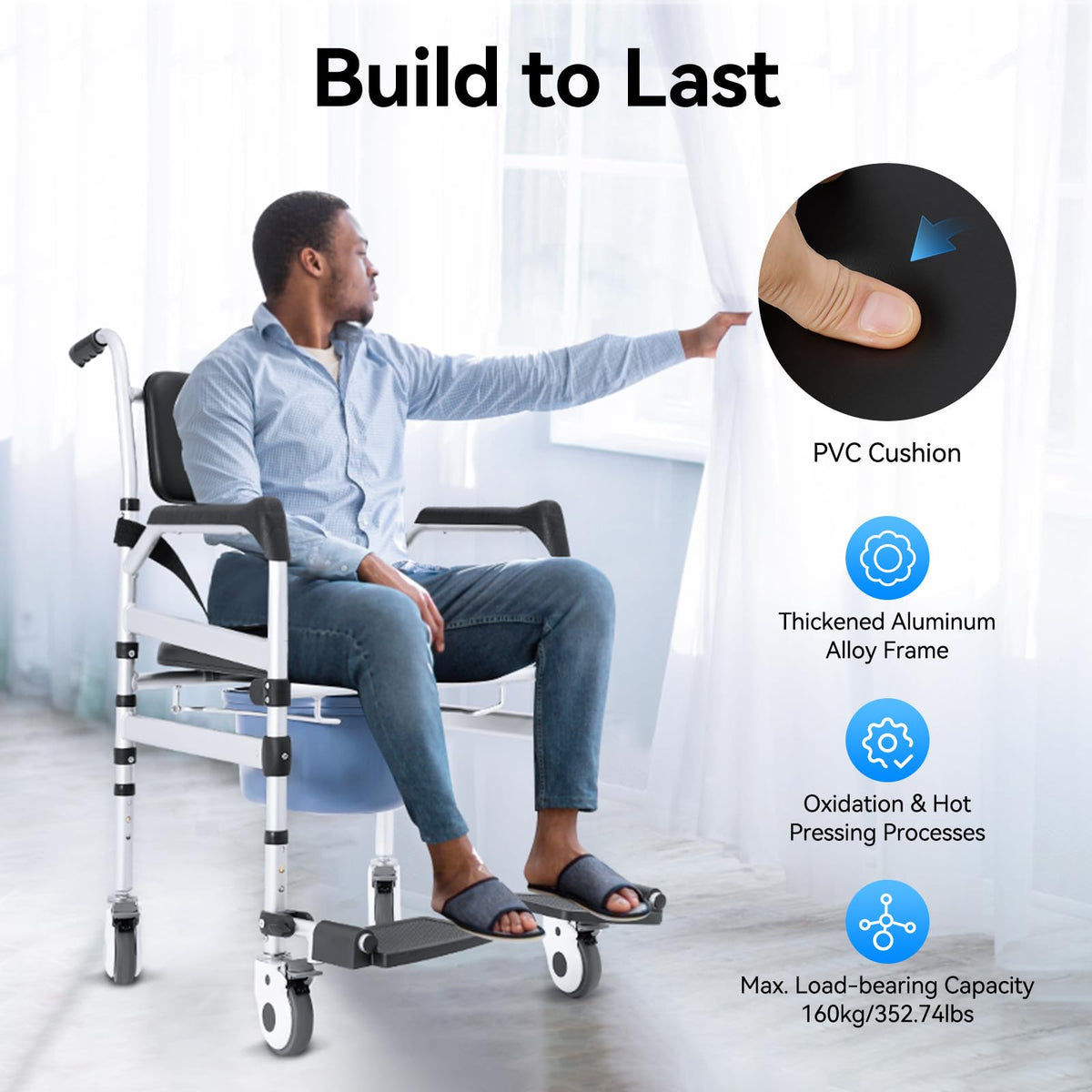A Disabled Man is Sitting on  a Adjustable Shower Commode Chair with Wheels.