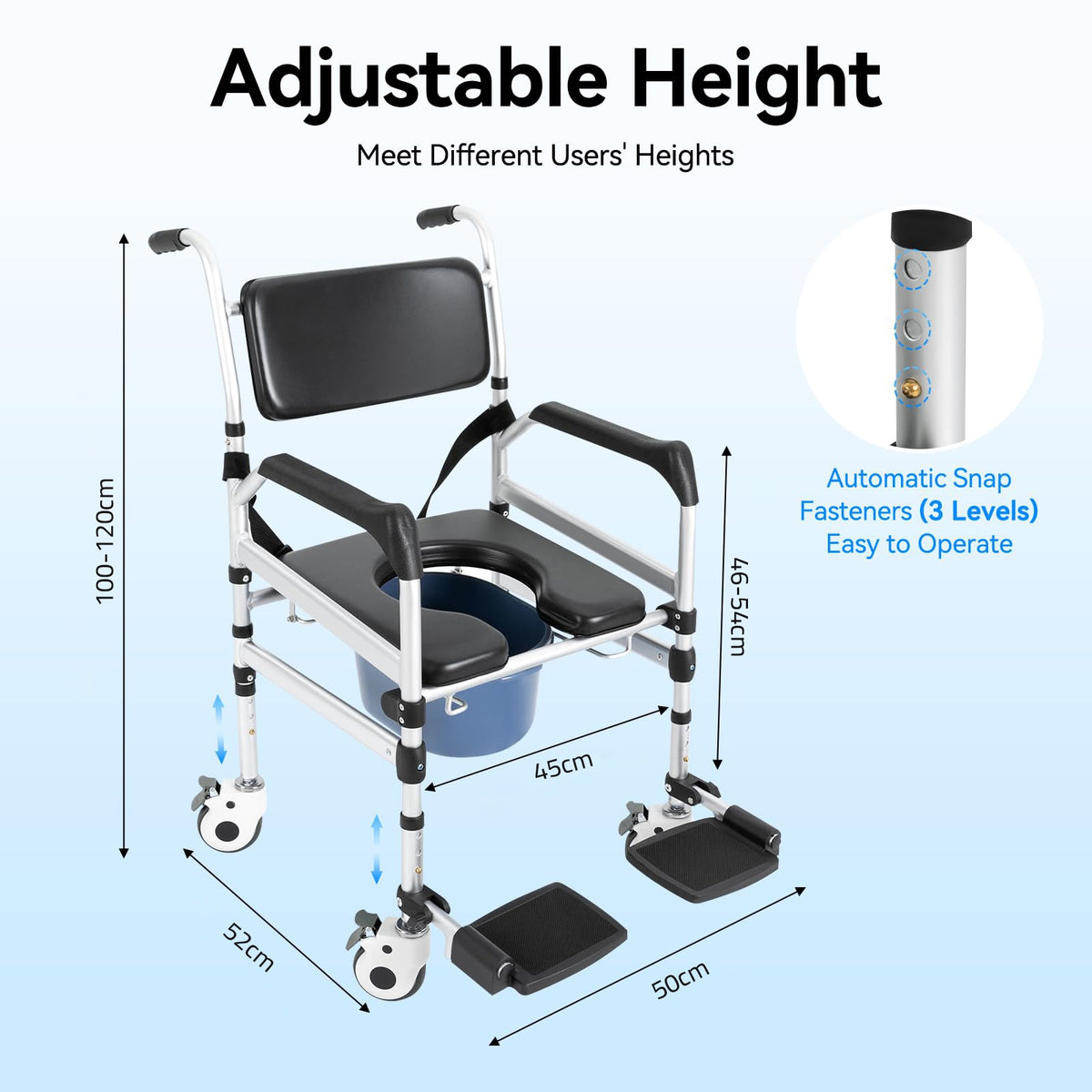 Size Details of Adjustable Shower Commode Chair with Wheels.