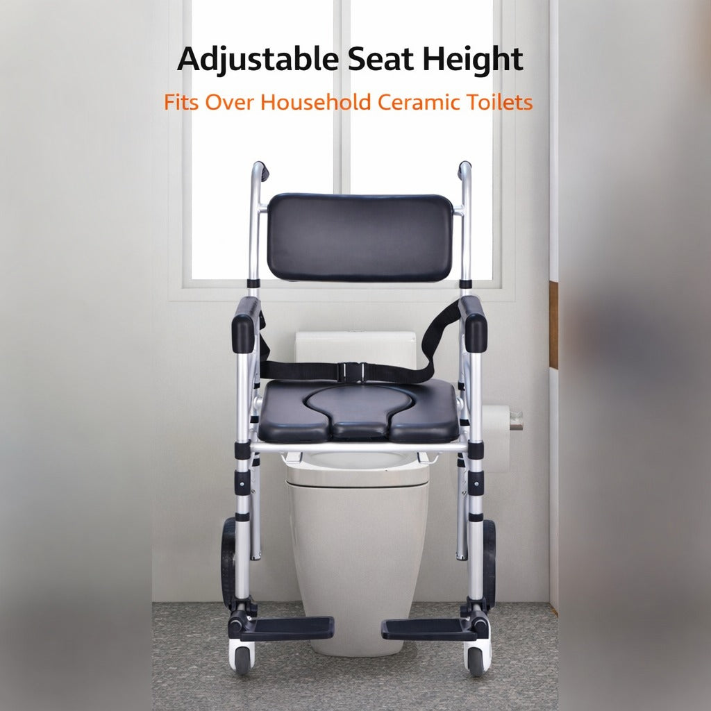 An Adjustable Shower Commode Chair is Placed Above Toilet Seat.