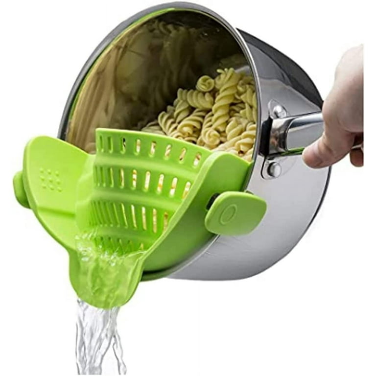 A Person is Straining Pasta By Attaching Adjustable Silicone Pot Pan Bowl Strainer.