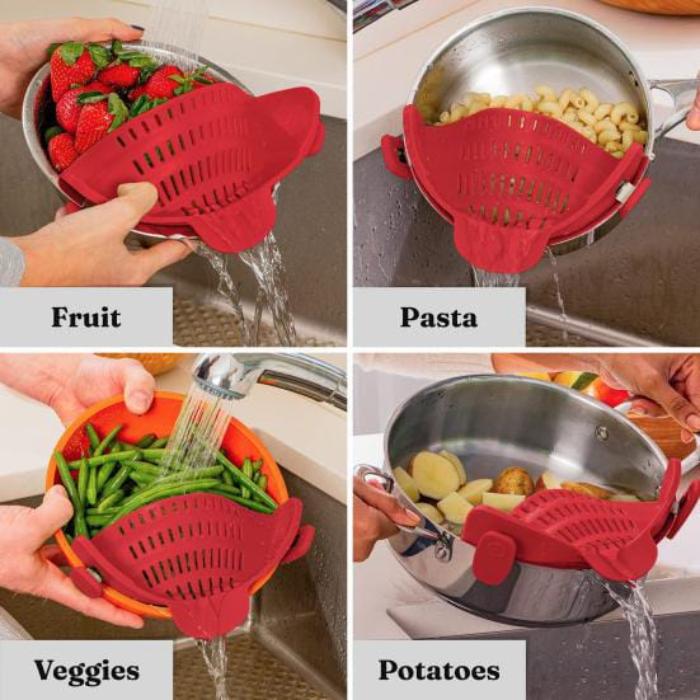 A Person is Straining Food Items Attaching Adjustable Silicone Pot Pan Bowl Strainer.