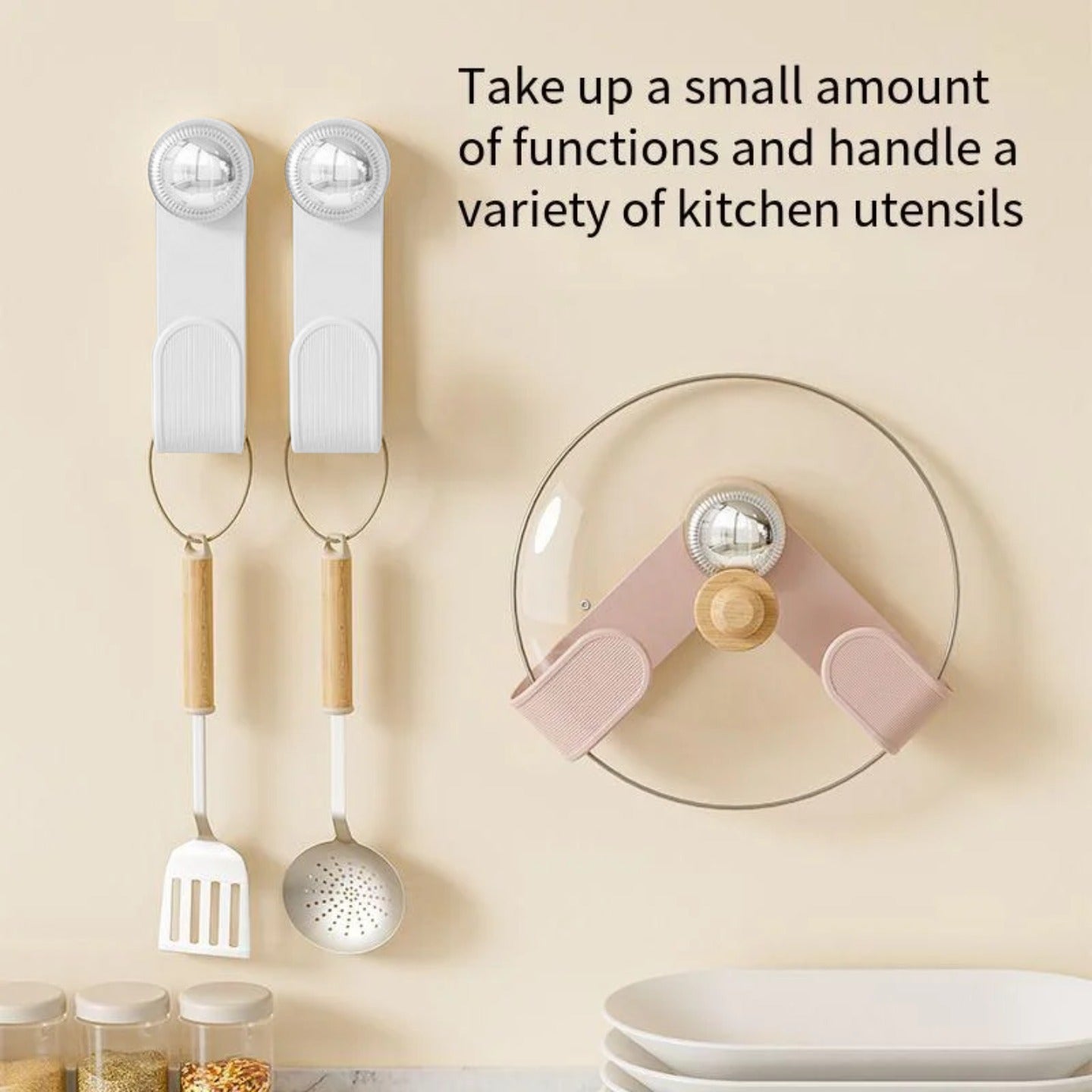 Wall-mounted kitchen utensil holder with various utensils on a beige wall.