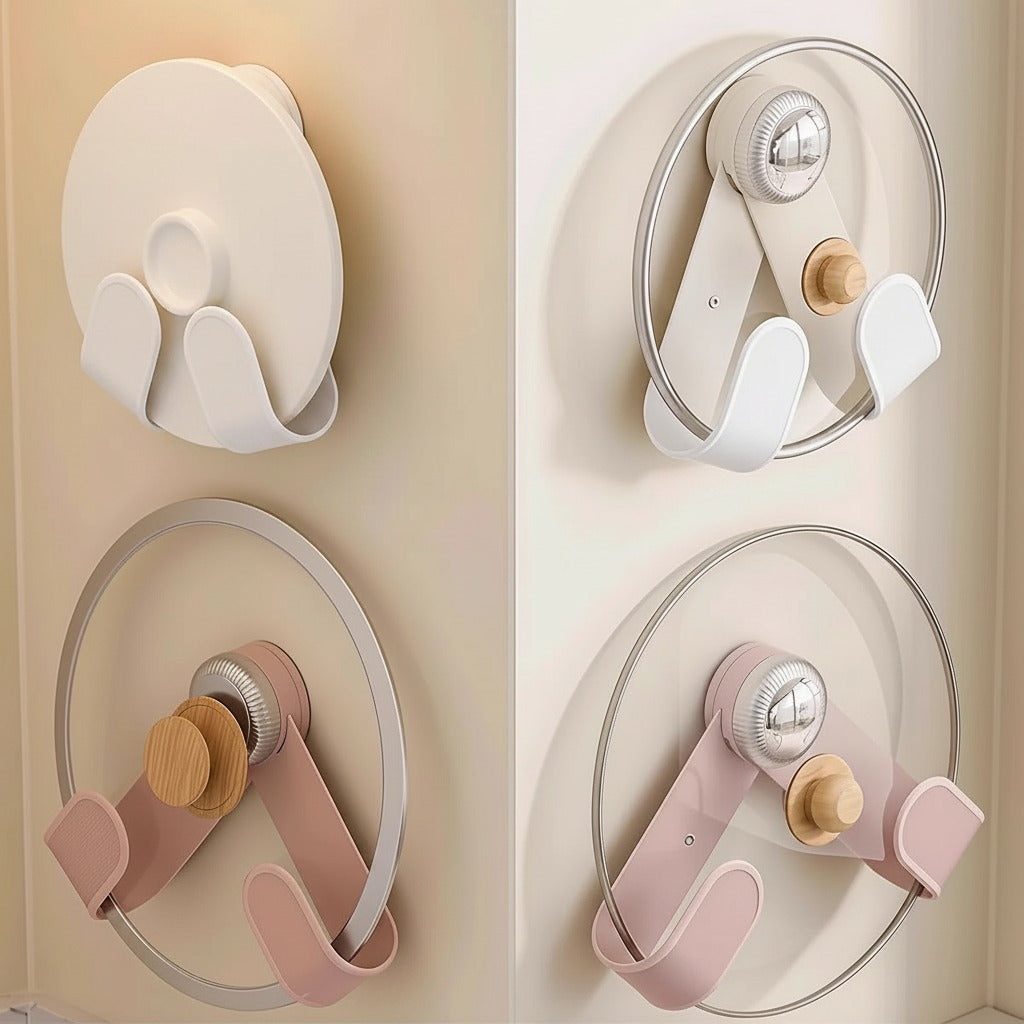 Set of wall hooks with different designs and colors on a neutral background holding lids.