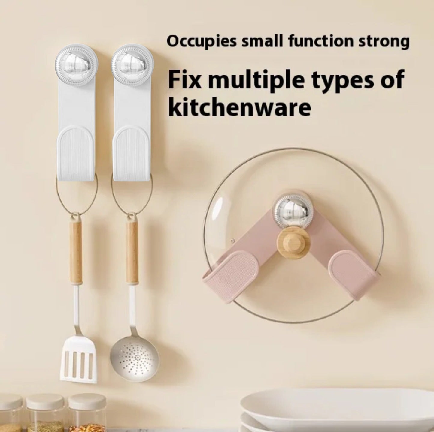 Wall-mounted kitchen utensil holder with various tools on a beige background