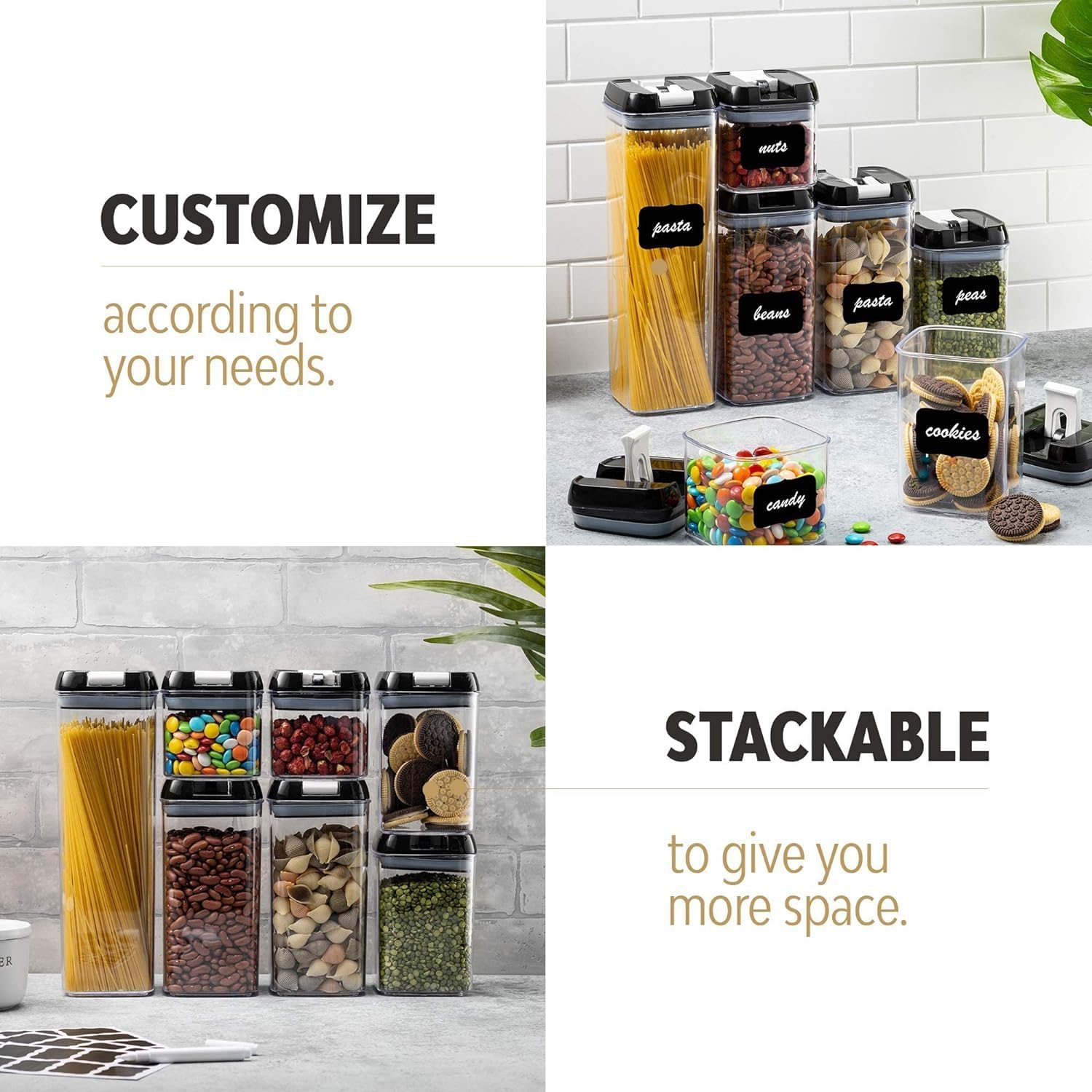 Stackable food storage containers with labels on a kitchen counter.