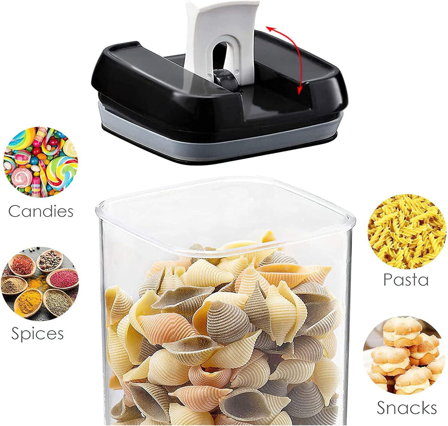 Airtight Food Storage Container with a lid, filled with pasta, surrounded by images of candies, spices, and snacks.
