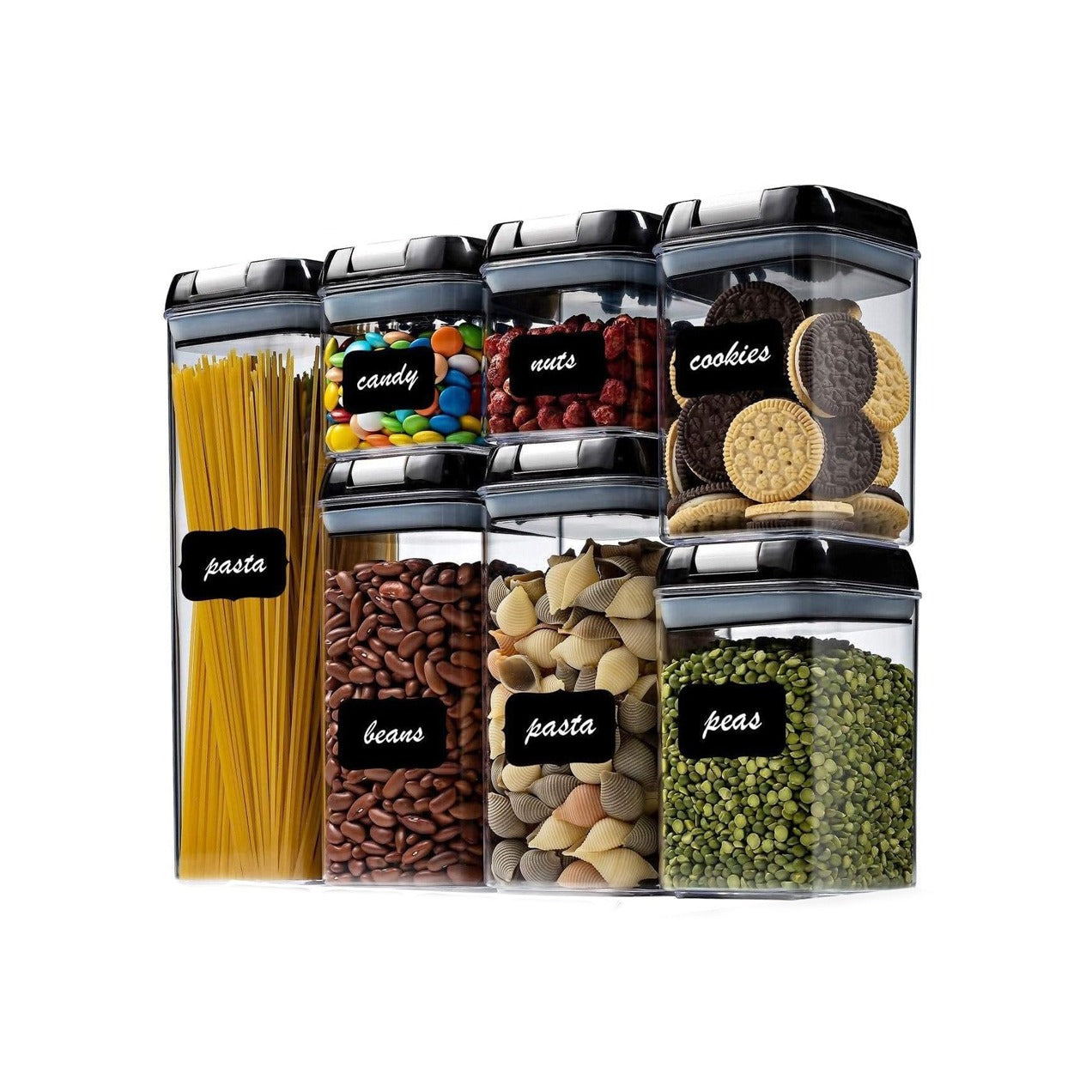 Set of clear food storage containers with labeled contents on a white background