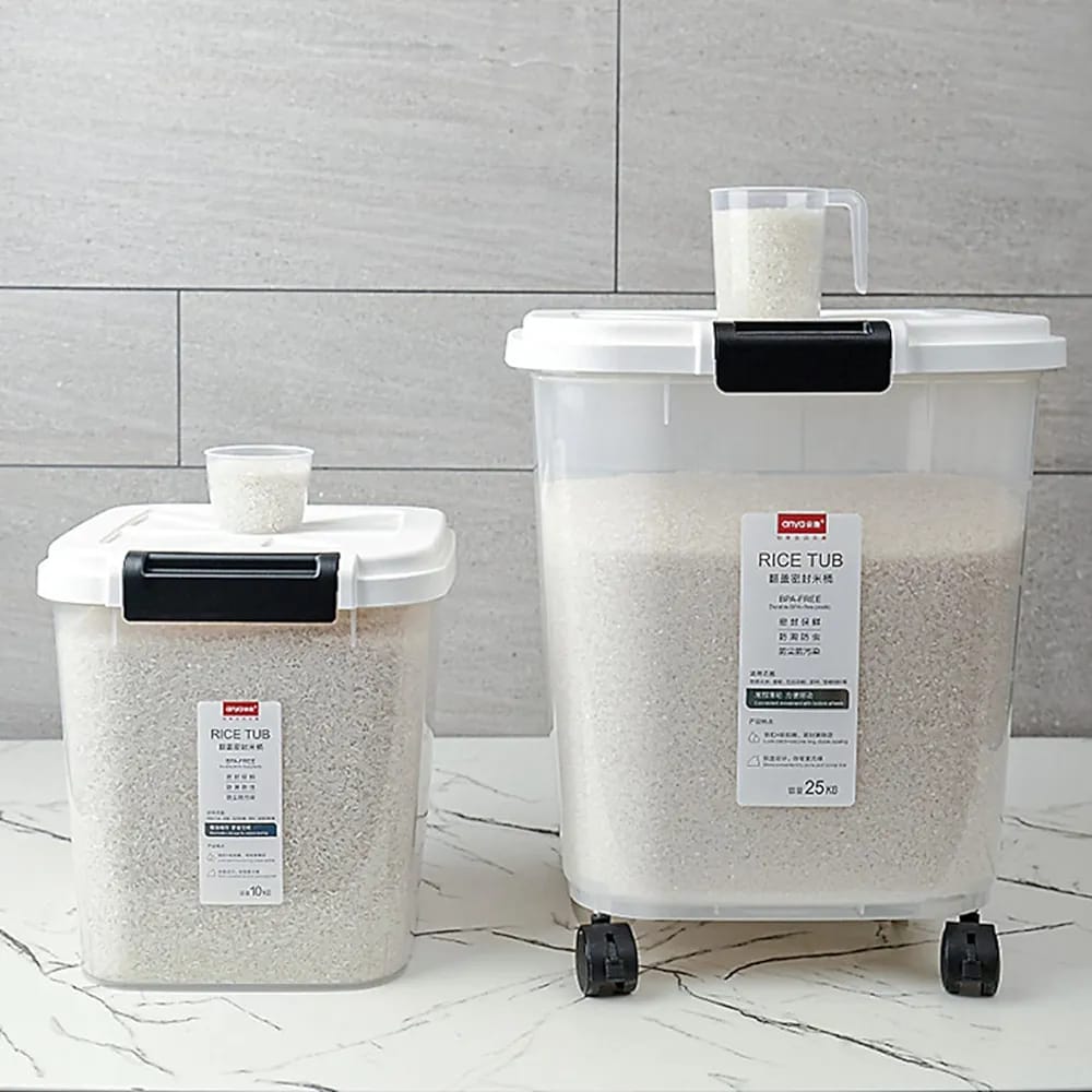 Two Airtight Grain Storage Box With Rice in it.