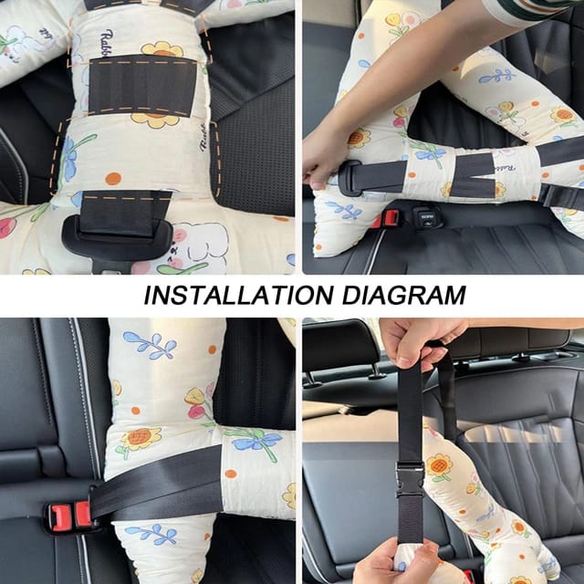 Visual instruction on how to install a Car Seat Travel Pillow