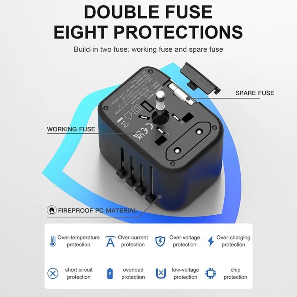 All-in-One Universal Travel Adaptor with Multiple USB Ports featuring double fuse and eight protections