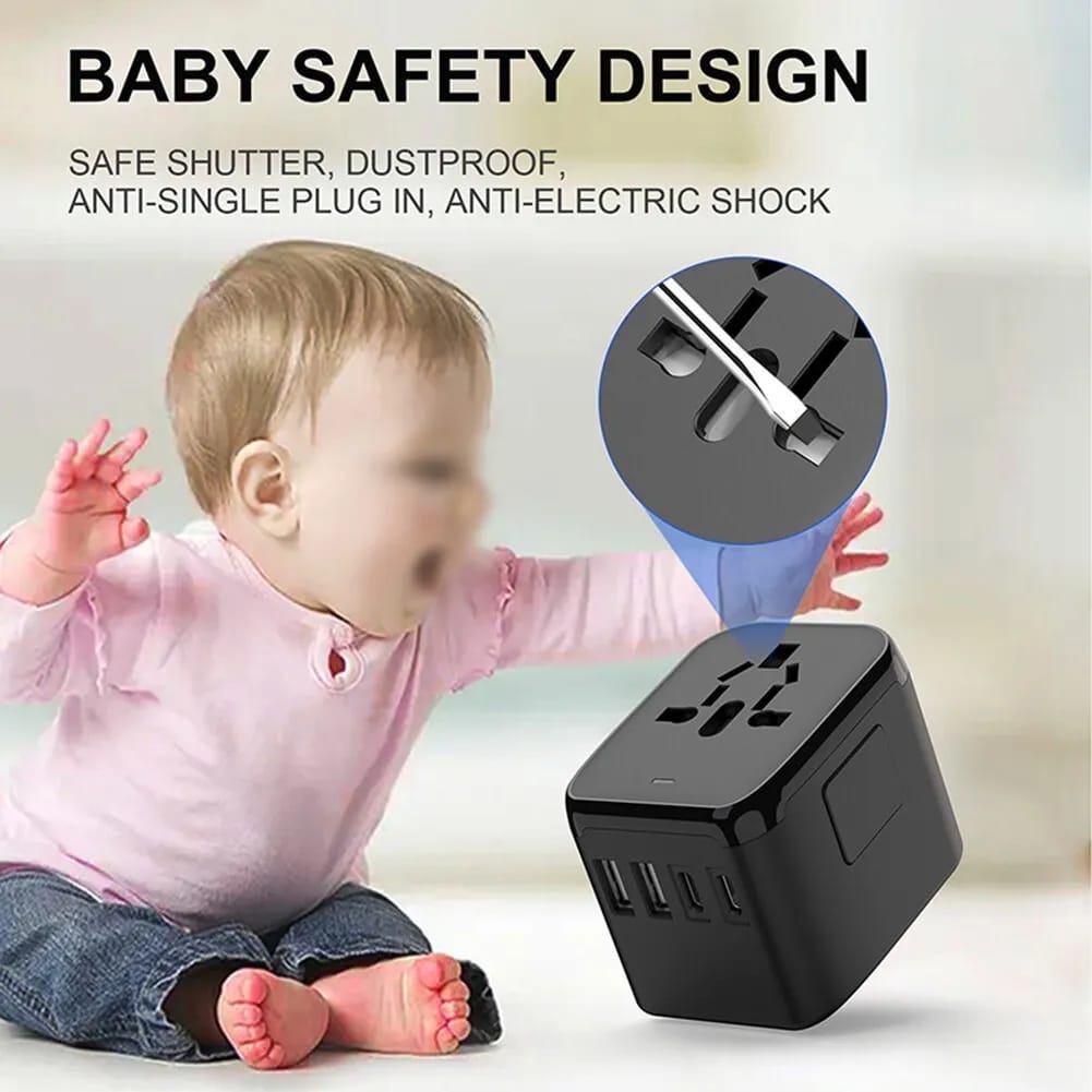 All-in-One Universal Travel Adaptor with Multiple USB Ports featuring a baby safety design