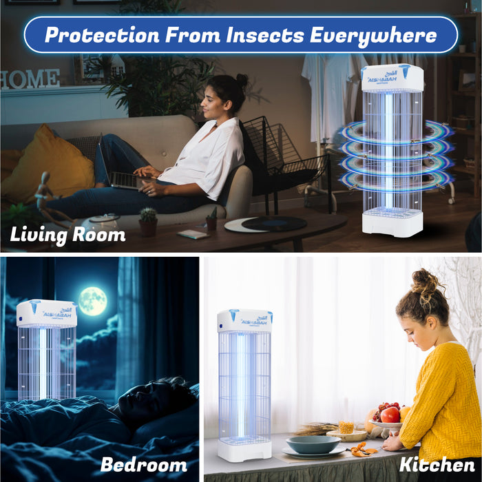 Alshabah Pro Flying Insect Killer in various settings with text 'Protection From Insects Everywhere'.