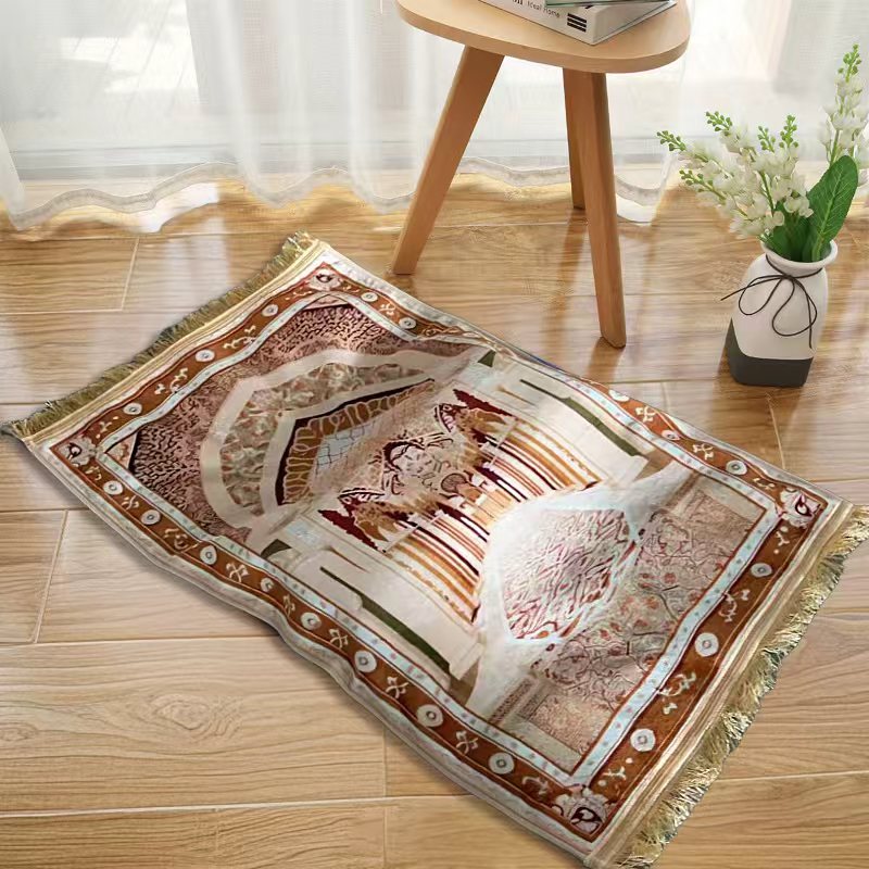 An Islamic Prayer Mat is  Spread Out in a Floor.