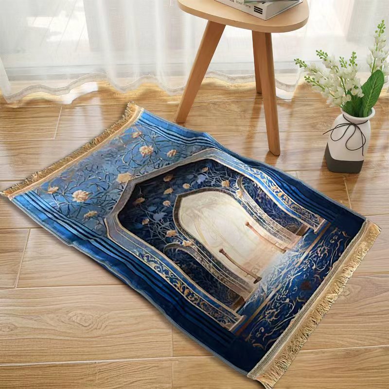 An Islamic Prayer Mat is  Spread Out in a Floor.