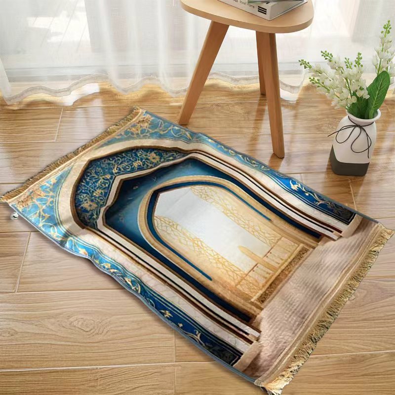 An Islamic Prayer Mat is  Spread Out in a Floor.