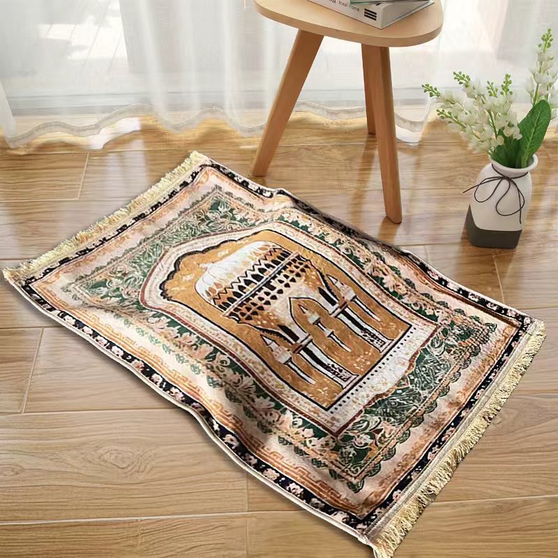 An Islamic Prayer Mat is  Spread Out in a Floor.
