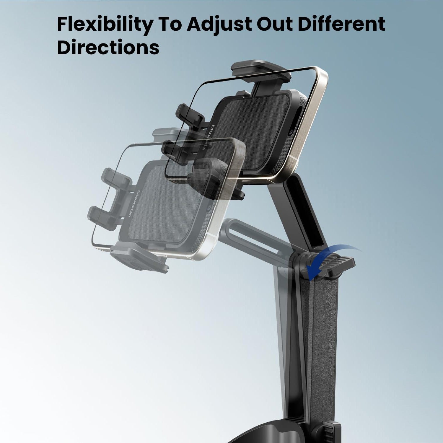 An adjustable car phone mount attached to a cup holder, showing flexible angles for positioning a smartphone in different directions.