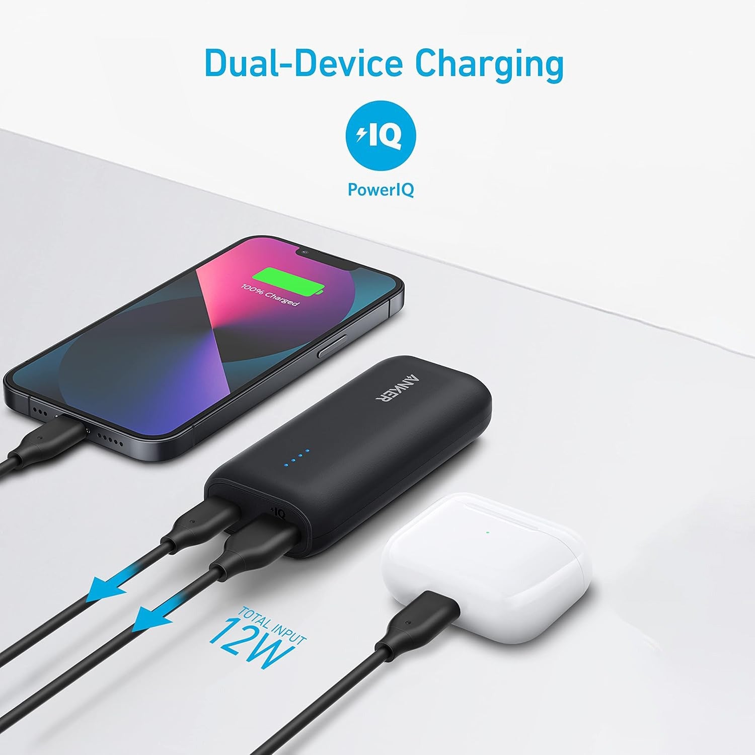 A Mobile Phone and Airpod is Connected to Anker 321 Power Bank (PowerCore 5K).