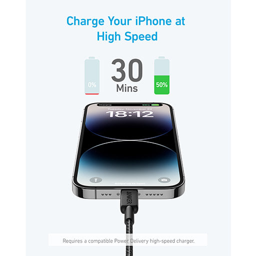 Charging a phone with the Anker 322 USB-C to Lightning Cable, Braided, 0.9 Meter