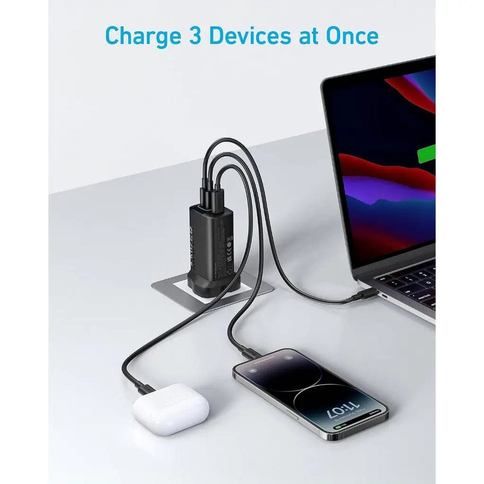 Phone, Laptop, Airpod is Connected To Plug Using Anker 366 Charger (67W) Series 3 - A2674K11.