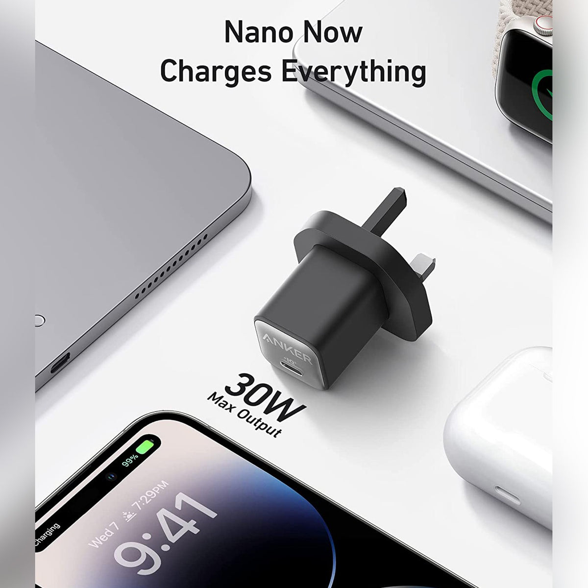 Anker 511 Charger (Nano 3, 30W) Series 5 is Placed Along With Mobile Phone, Laptop.