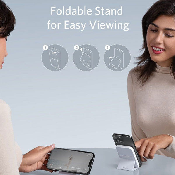 A Wireless Portable Charger with 5000 mAh capacity, featuring a foldable stand for easy viewing