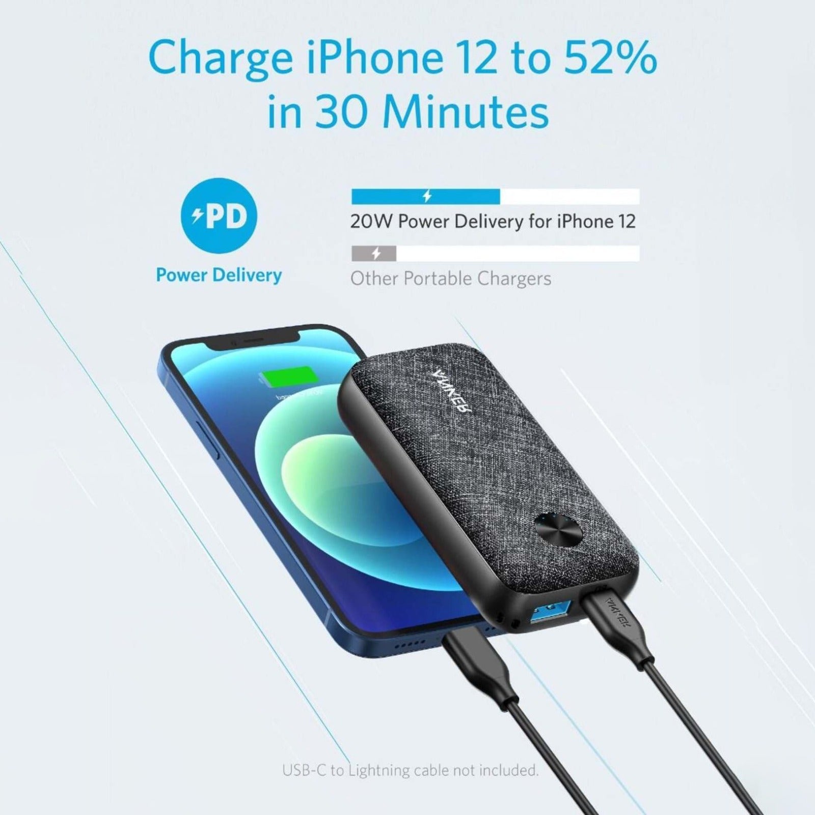 iPhone 12 charging from 12% to 52% in just 30 minutes, powered by the Anker PowerCore Metro 10000mAh Fast Charging Power Bank
