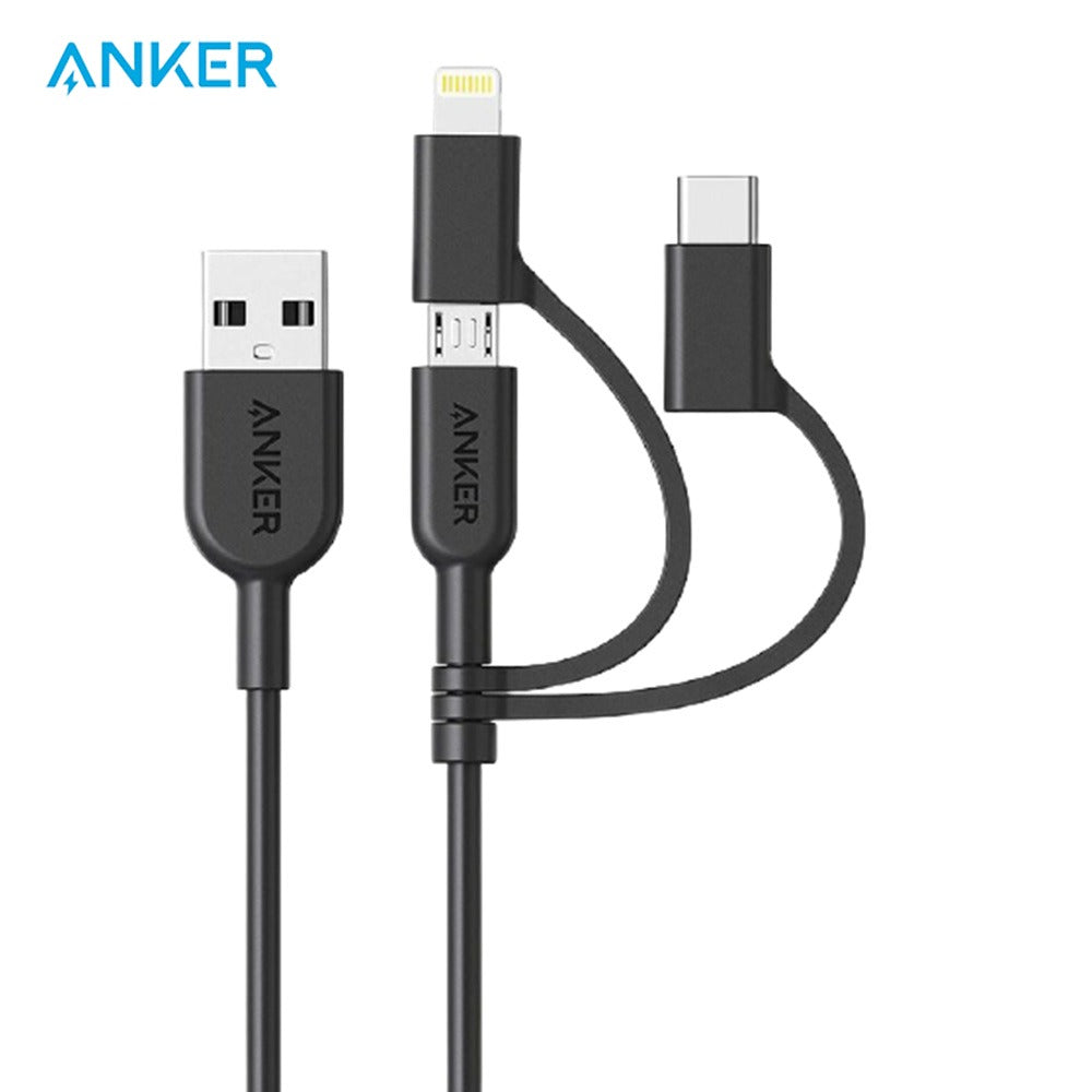 Anker PowerLine II 3-in-1 Cable with Micro USB, USB-C, and Lightning Connector A8436H12 in black color