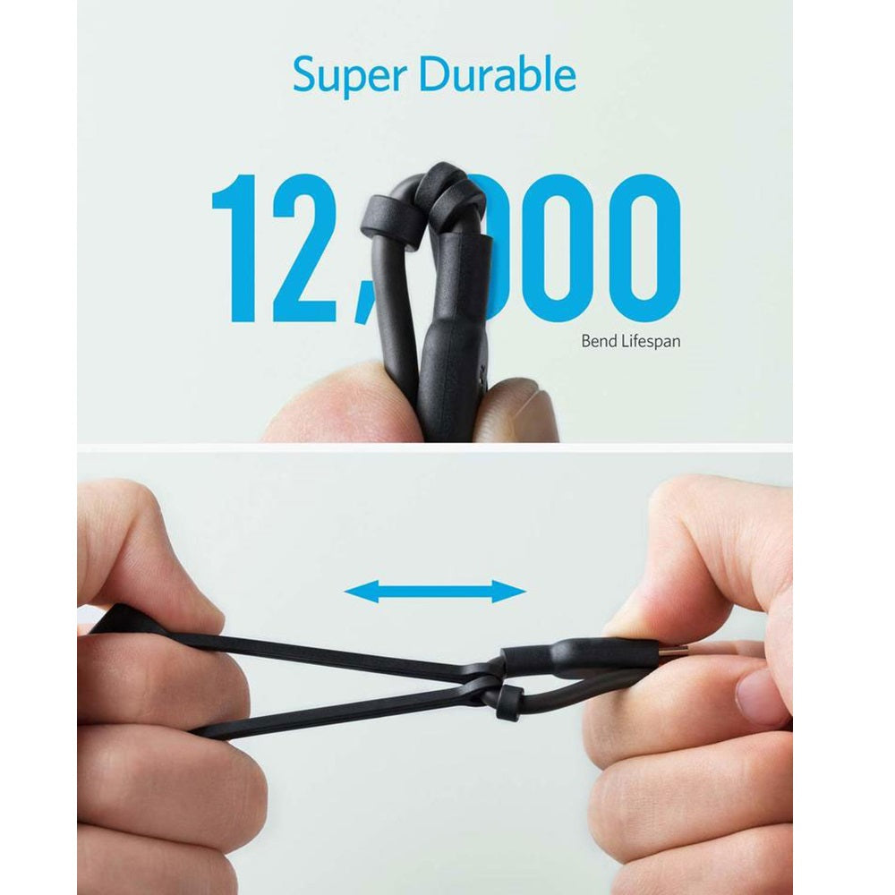 Someone is checking the durability of the Anker PowerLine II 3-in-1 Cable with Micro USB, USB-C