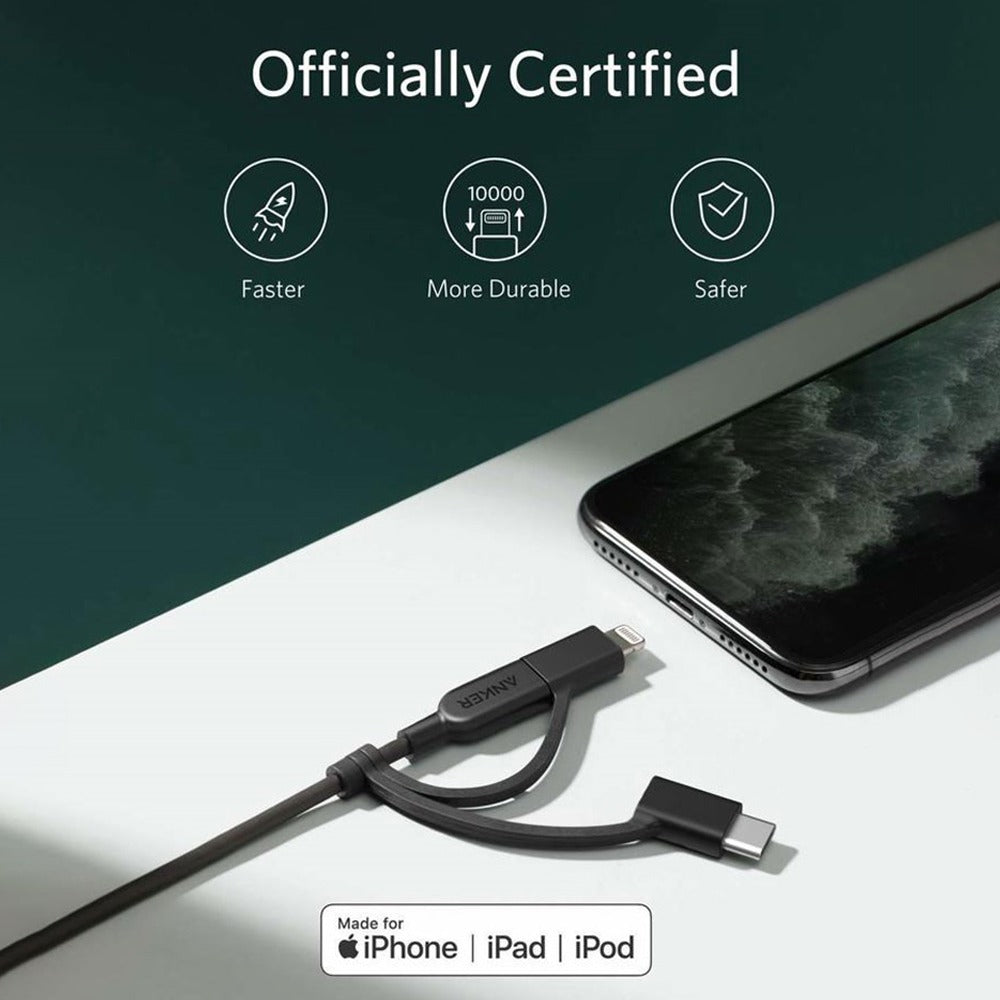 The Anker PowerLine II 3-in-1 Cable with Micro USB, USB-C is placed on the table next to a mobile device