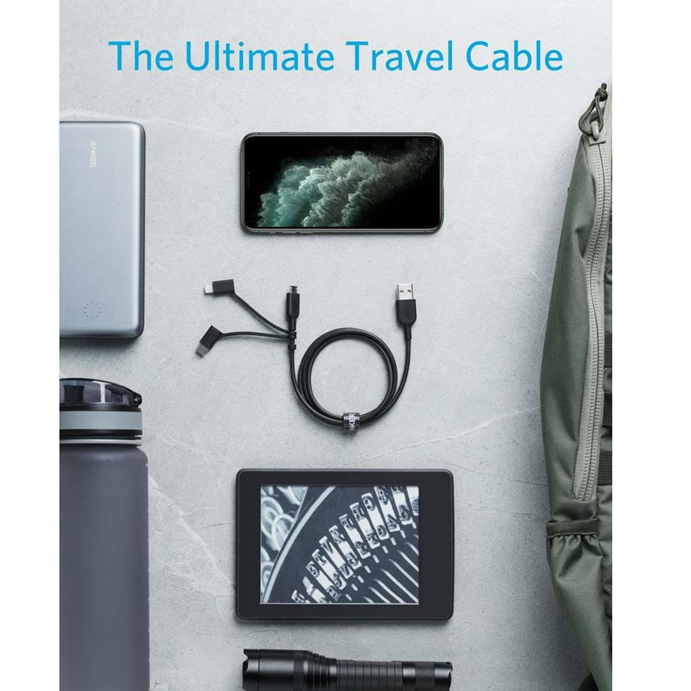 The Anker PowerLine II 3-in-1 Cable with Micro USB, USB-C is placed on the table next to some devices