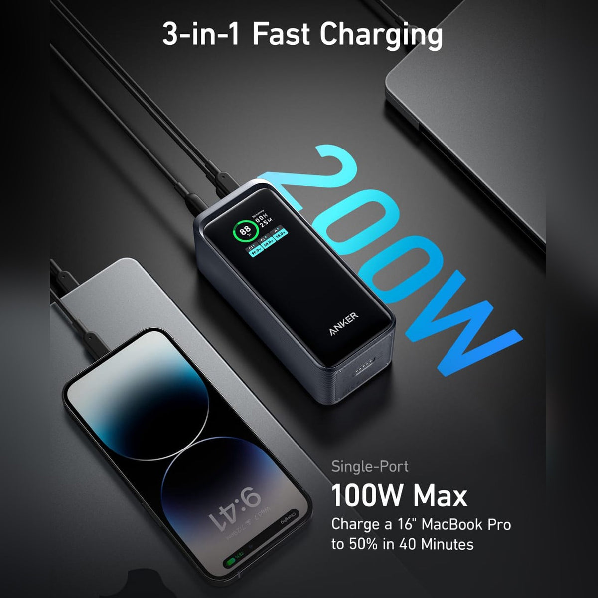 A Mobile Phone is Connected to Anker Prime 20,000mAh Power Bank (200W), Multi-Device Fast Charging - A133601.