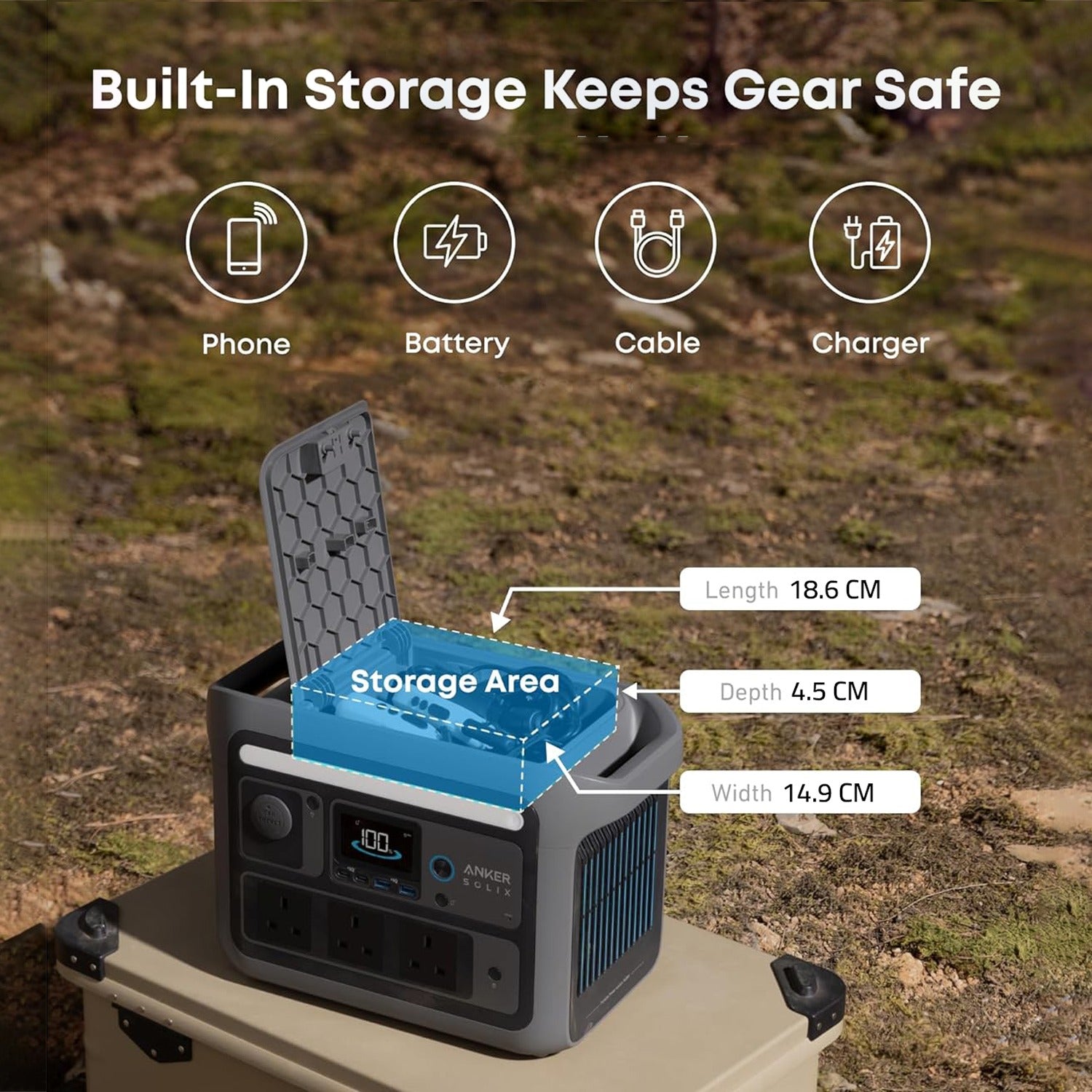 Anker SOLIX C200 DC Portable Power Station with built-in storage compartment for safely storing phones, batteries, cables, and chargers, designed for convenient outdoor and travel power use.