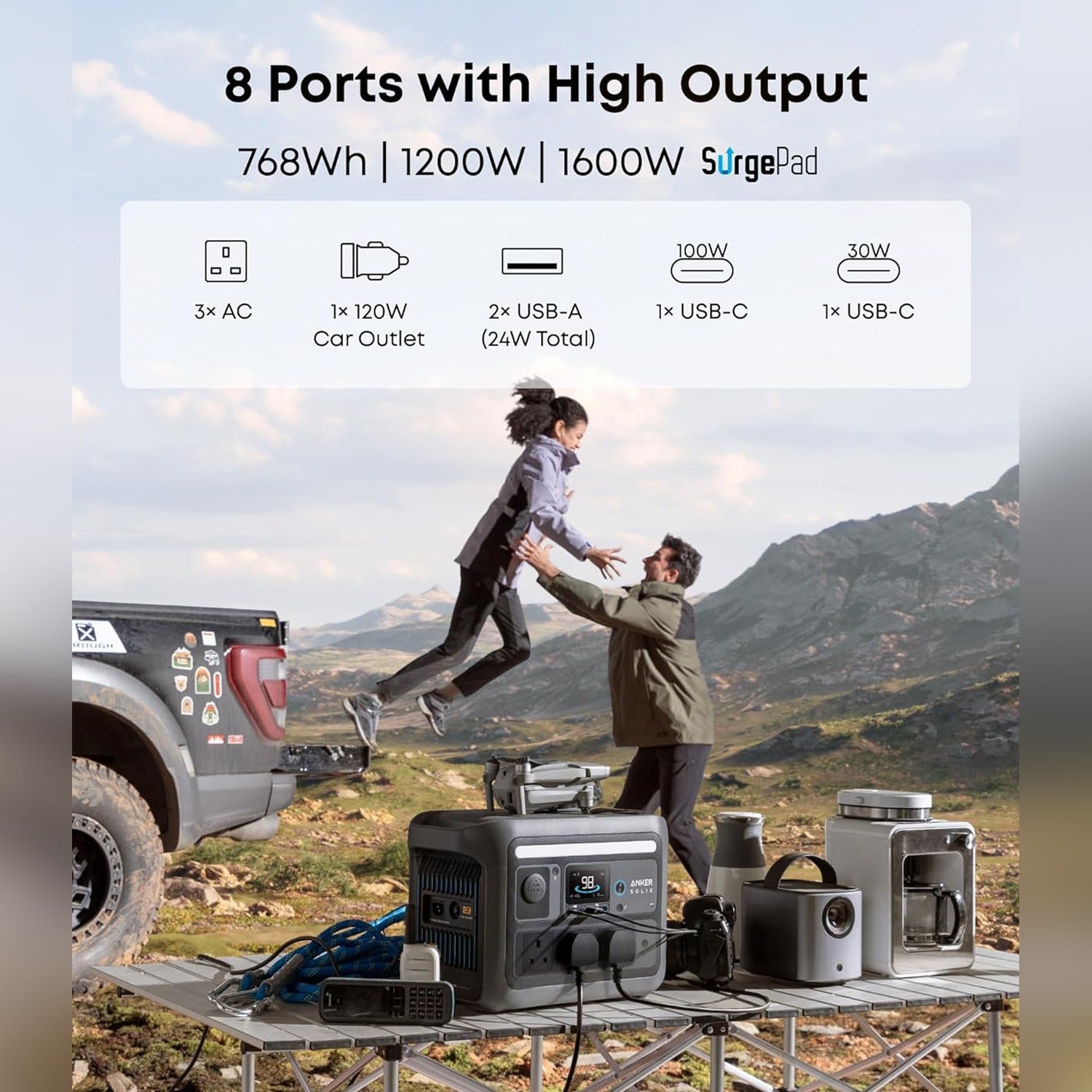 A Couple is Enjoying their Travelling by Powering up their devices using Anker SOLIX C800 Portable Power Station.