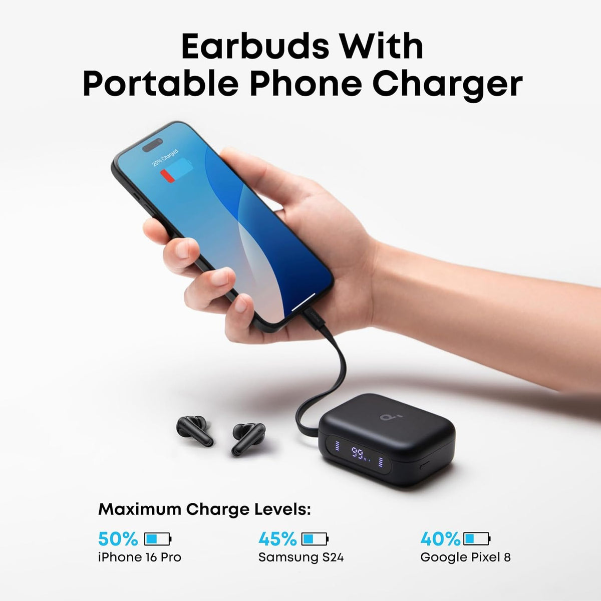 A Hand is holding a phone connected to Anker Soundcore P41i True Wireless Earbuds for charging