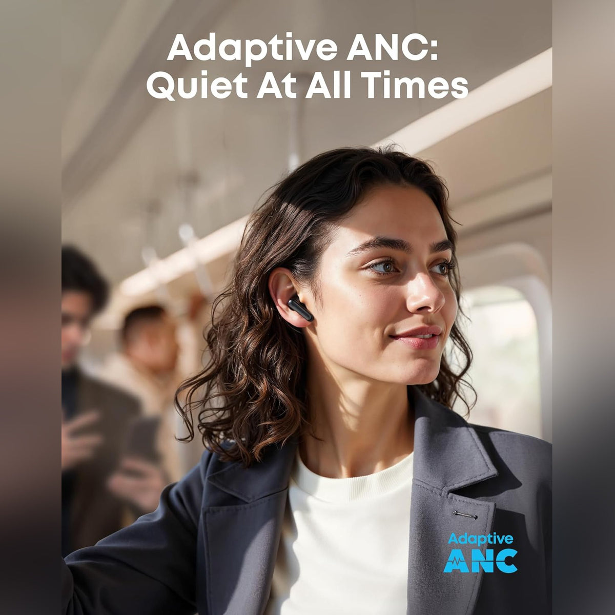 A woman is wearing Anker Soundcore P41i True Wireless Earbuds.