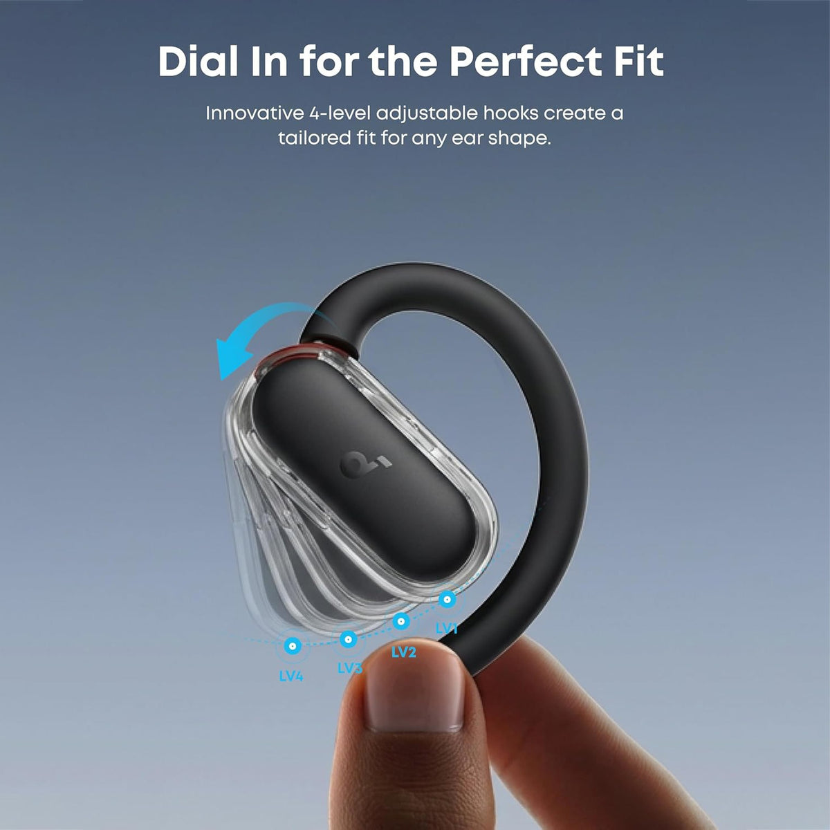 A hand is holding Anker Soundcore V40i Open-Ear True Wireless Bluetooth Earbuds.