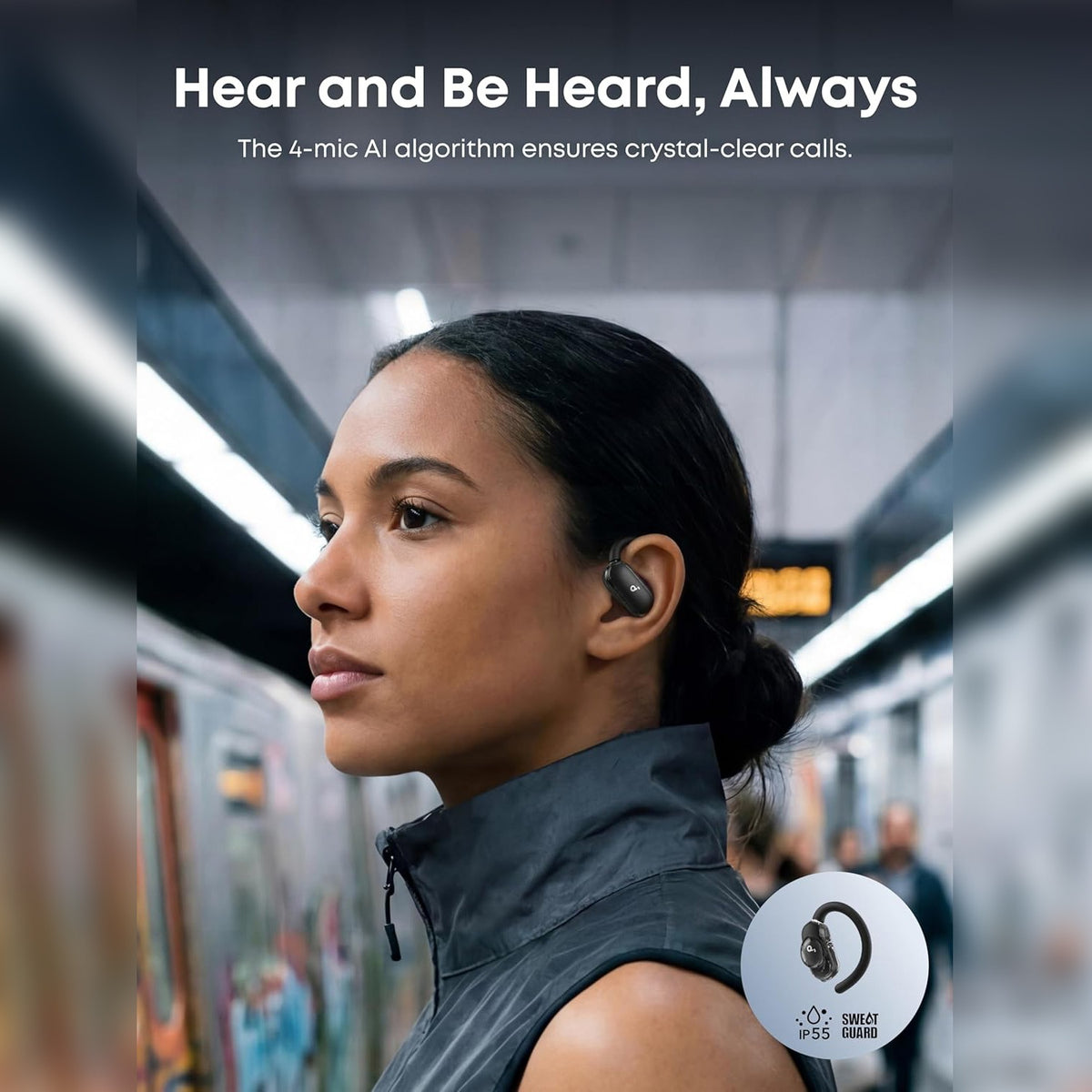 A Woman is wearing Anker Soundcore V40i Open-Ear True Wireless Bluetooth Earbuds.