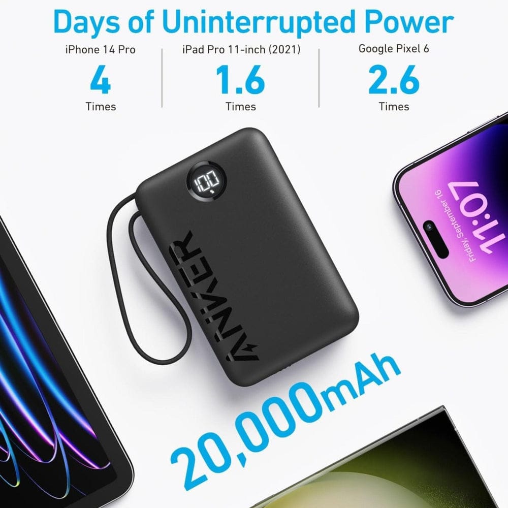 Anker Ultra Compact Power Bank (20,000 mAh, 22.5W, Built- In -USB- C Cable) - A1647H11.