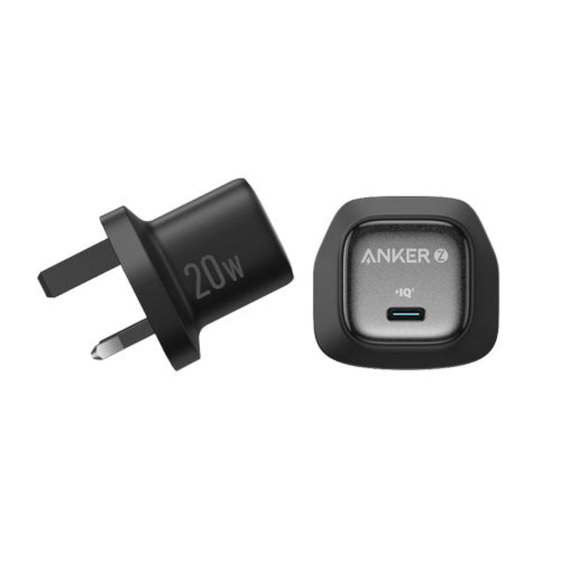 Anker Zolo 20W  Fast Wall Charger shown from two angles: one displaying the UK two-pin plug and the other showing the top face with the Anker logo and USB-C port.