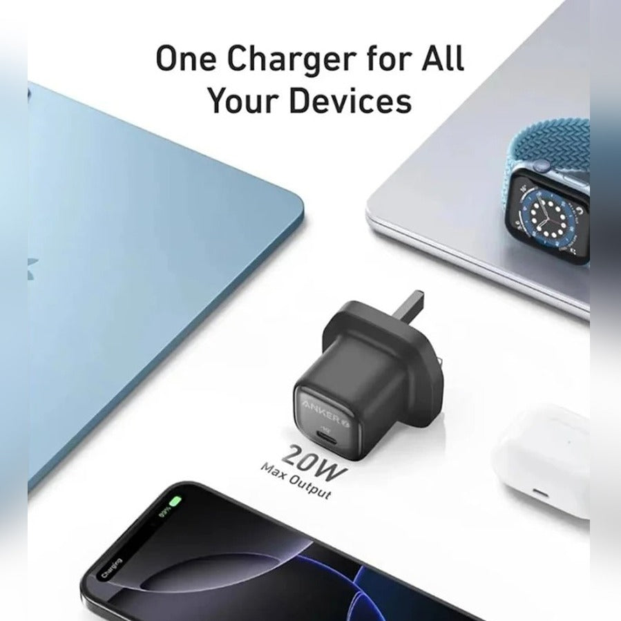 Anker Zolo 20W  Fast Wall Charger plug shown on a white background with a laptop, smartphone, smartwatch, and earbud case around it. Text reads 'One Charger for All Your Devices' and '20W Max Output'.