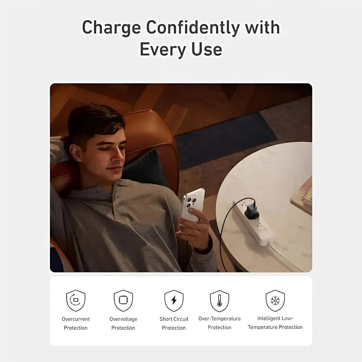 Person using a smartphone charging using Anker Zolo 20W  Fast Wall Charger with a power strip on a table, text 'Charge Confidently with Every Use' and protection features listed below.