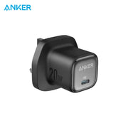 Anker Zolo 20W  Fast Wall Charger adapter in matte black, featuring a UK three-pin plug and a square USB-C port on the front with a metallic gray accent panel.