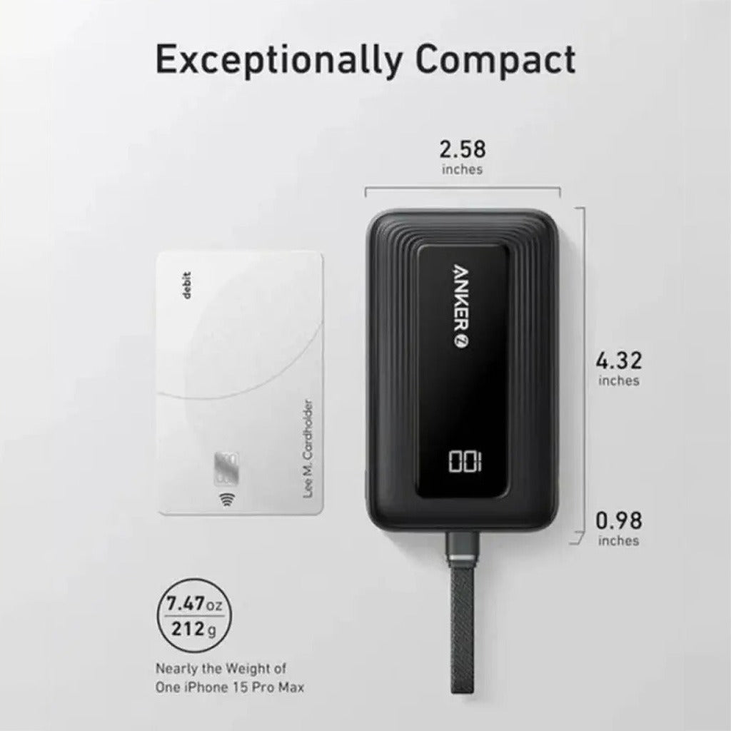 A debit card-sized portable Anker Zolo Power Bank 10,000mAh shown next to a debit card for scale, with text reading 'Exceptionally Compact' and dimensions 2.58 inches by 4.